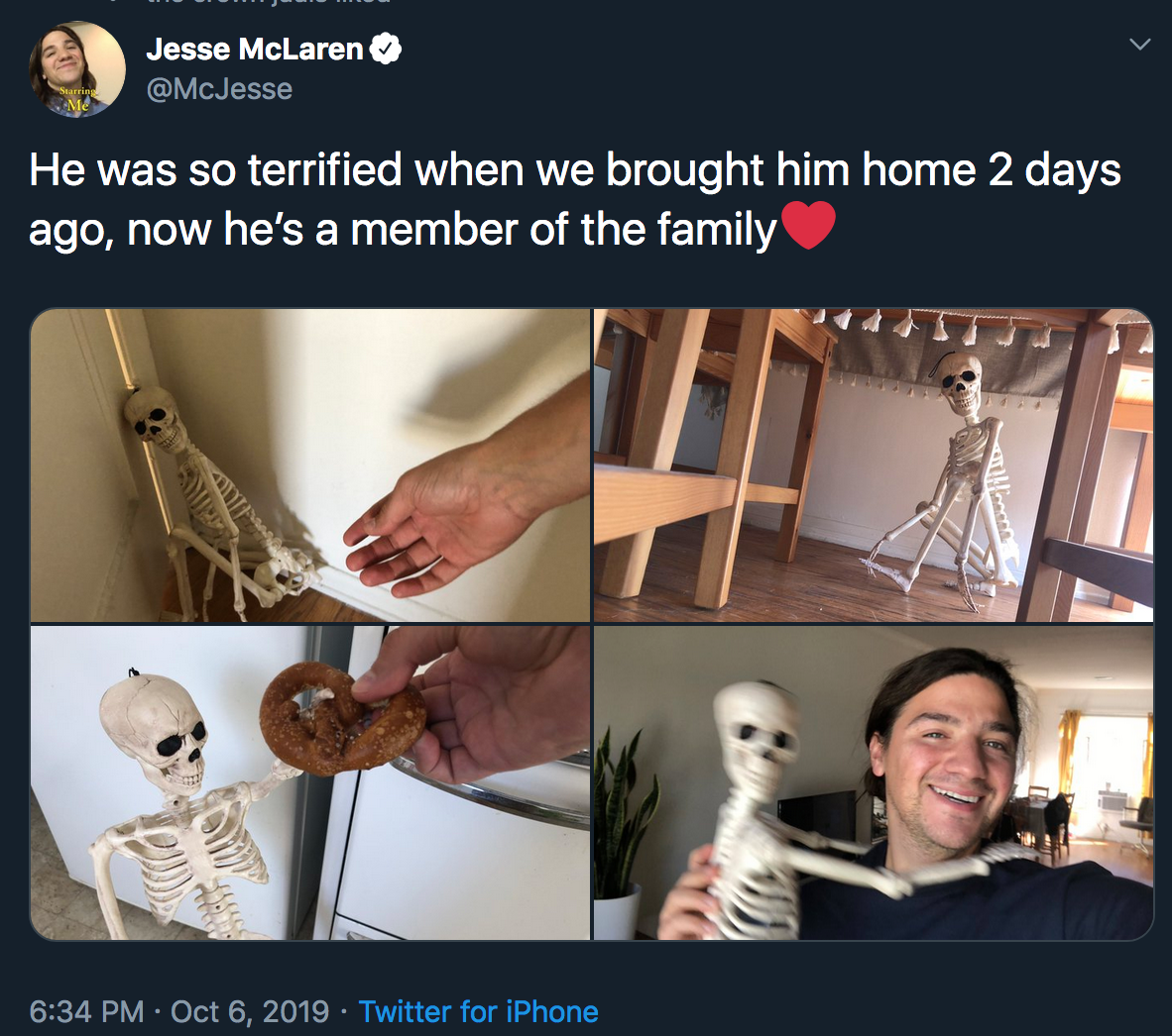 image of a man holding a donut and a skeleton