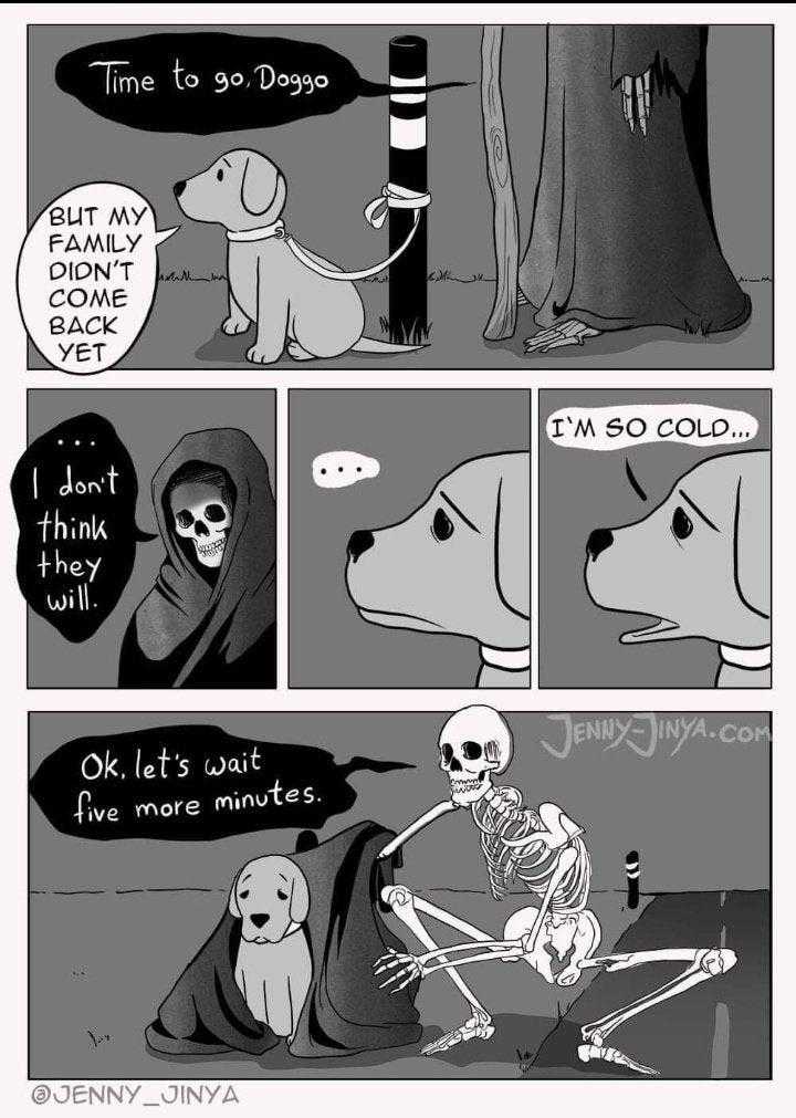 a cartoon of a dog and a skeleton are talking to each other