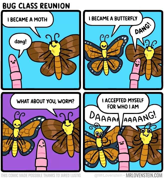 a cartoon of a butterfly with a speech bubble saying bug class reunion