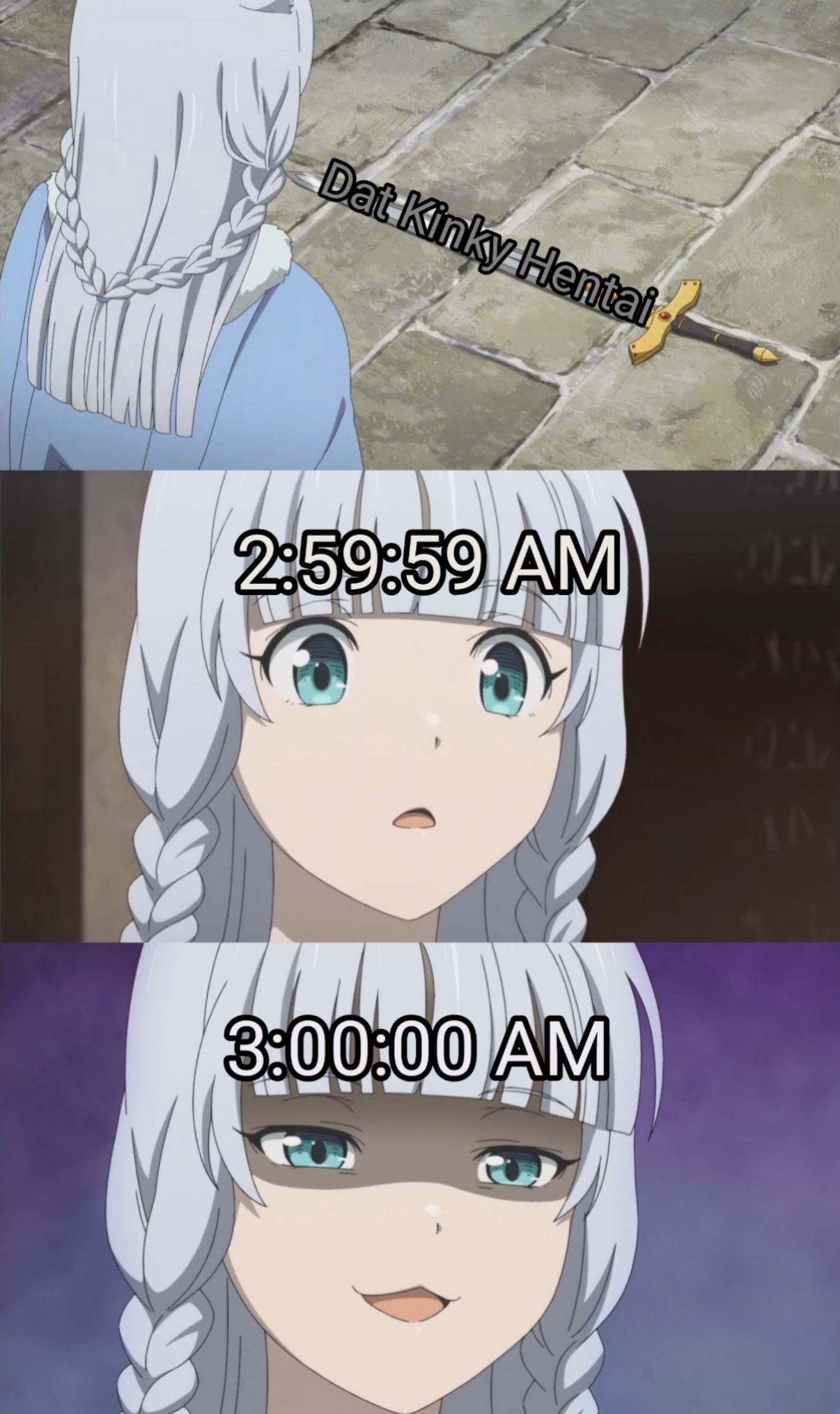 anime meme of a girl with long hair and a white hair