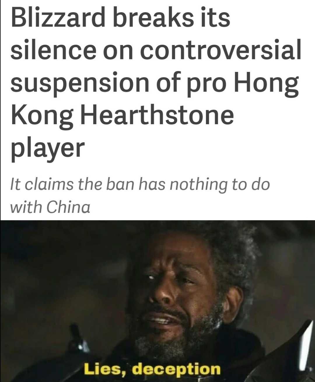 a man holding a knife in his hand with a caption that reads blizzard breaks its silence on controversial suspension