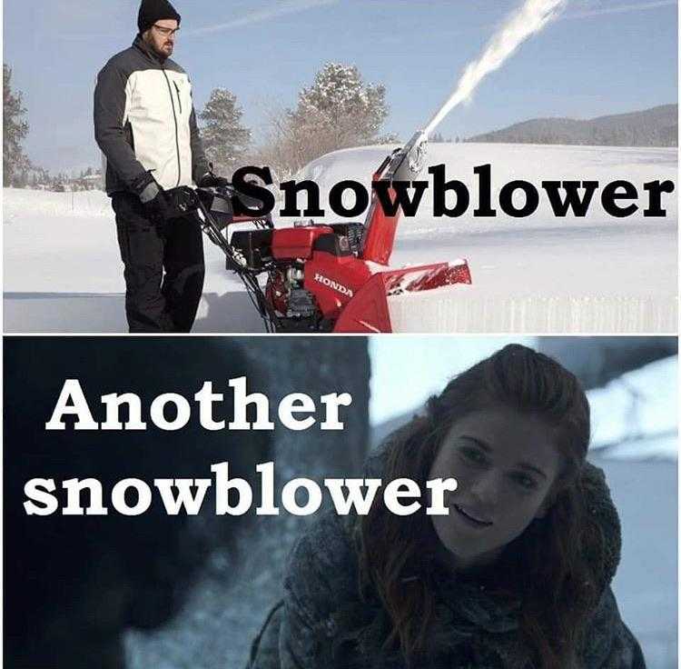 there are two pictures of a man and a woman with snow blowers