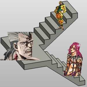 there are three different characters on the stairs of a building