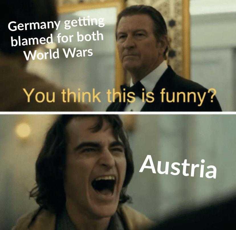 image of a man laughing and laughing with a caption of the words, germany get the blame for both world wars