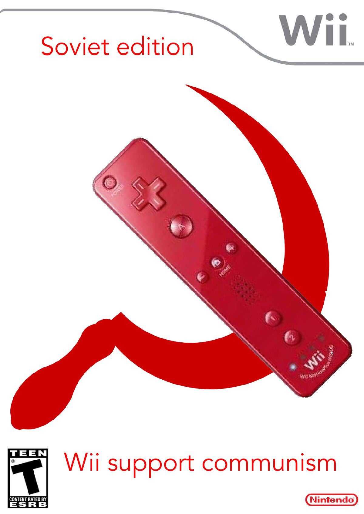 a close up of a wii game controller with a red hammer and sick hammer symbol