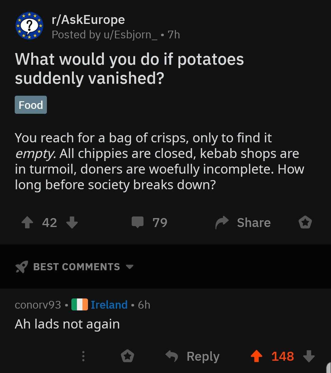 a screenshot of a tweet with a caption of what would you do if potatoes suddenly vanished?