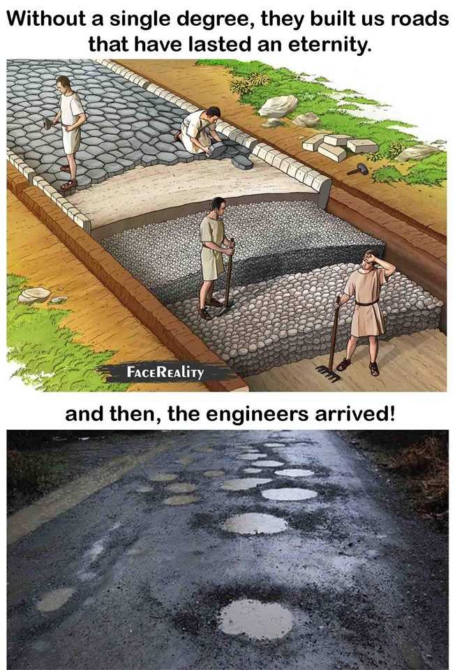 a cartoon of a man standing on a road next to a road with a lot of potholes