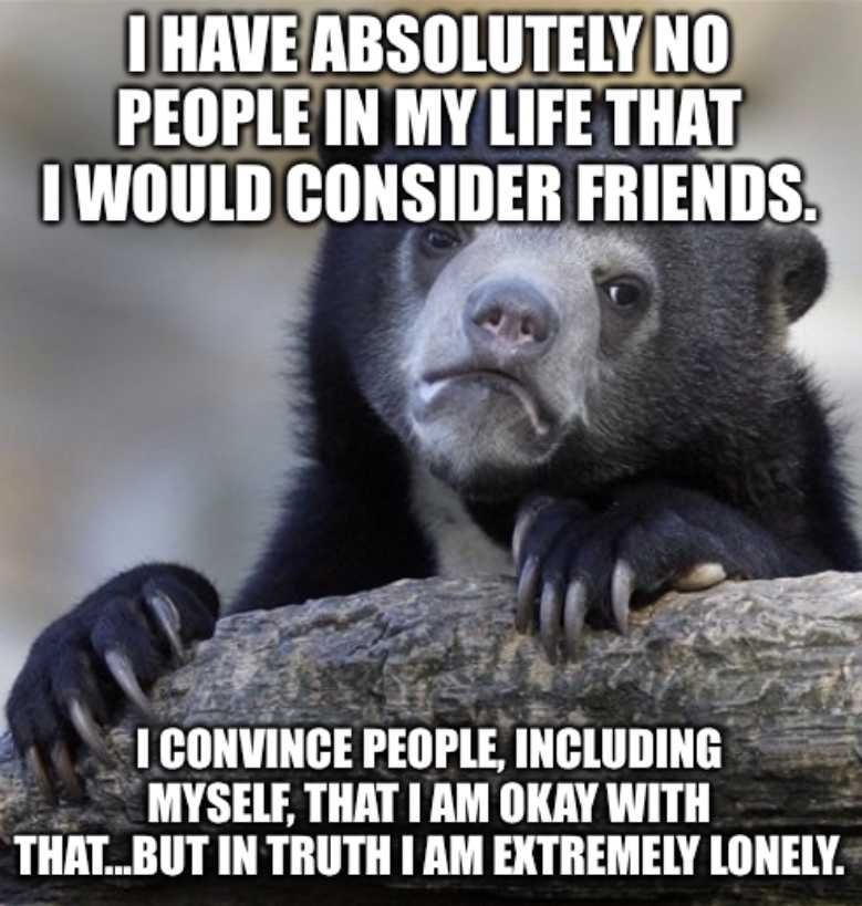 a bear is sitting on a log with a caption saying i have absolutely no people in my life that