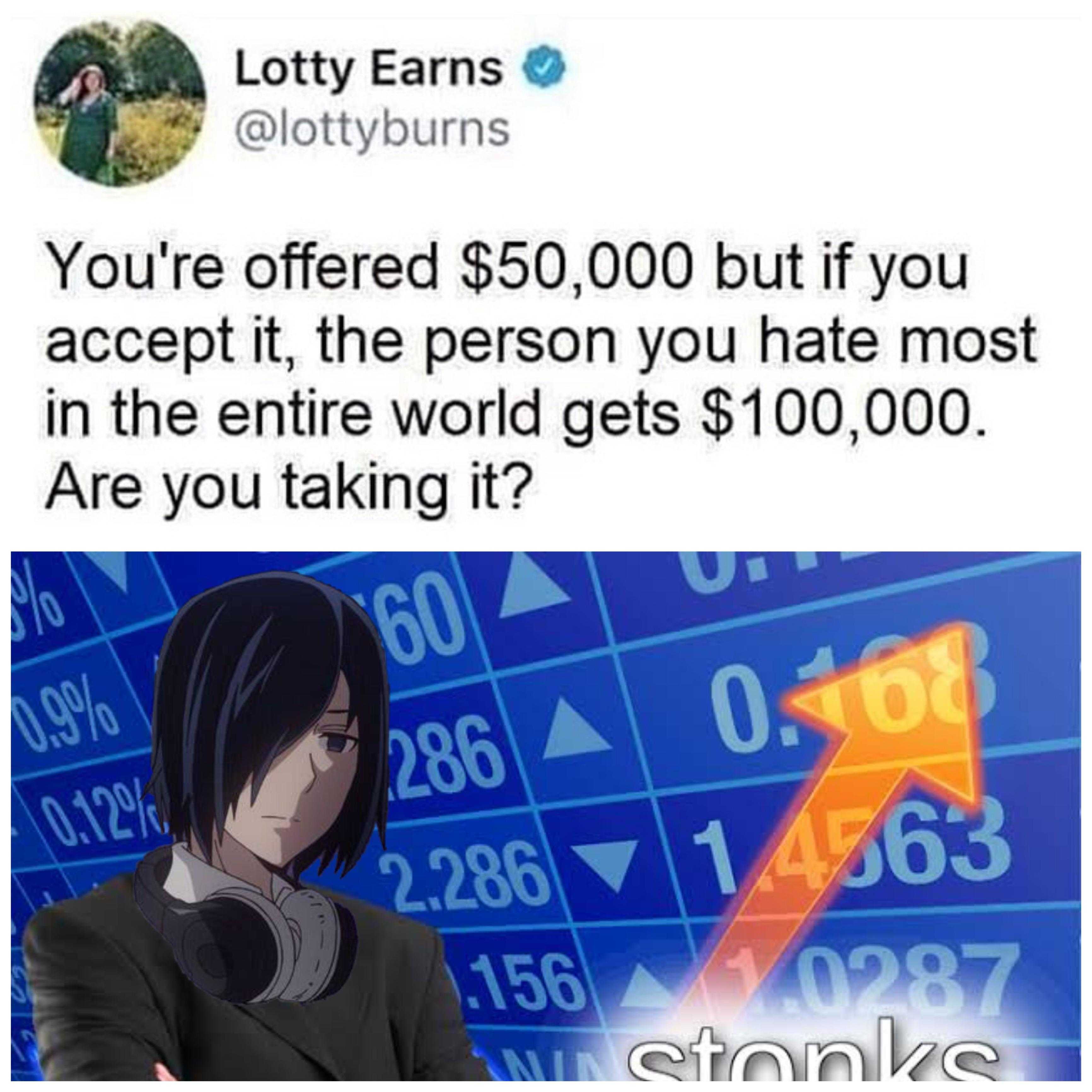 a cartoon picture of a woman with a sign that says, you ' re offered $ 500 but if you accept the person you hate most in the entire world gets $ 100, are you taking it