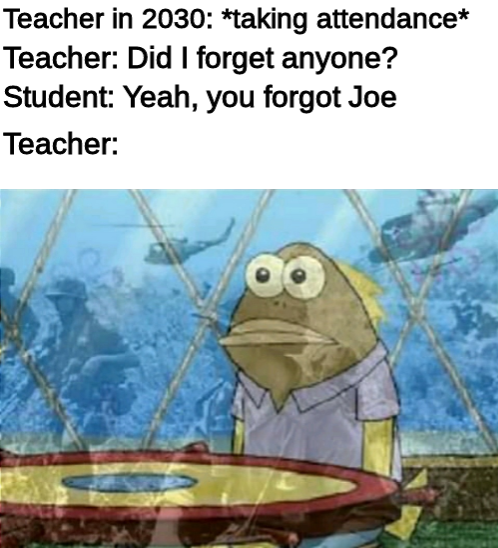 a cartoon frog sitting at a table with a teacher in the background