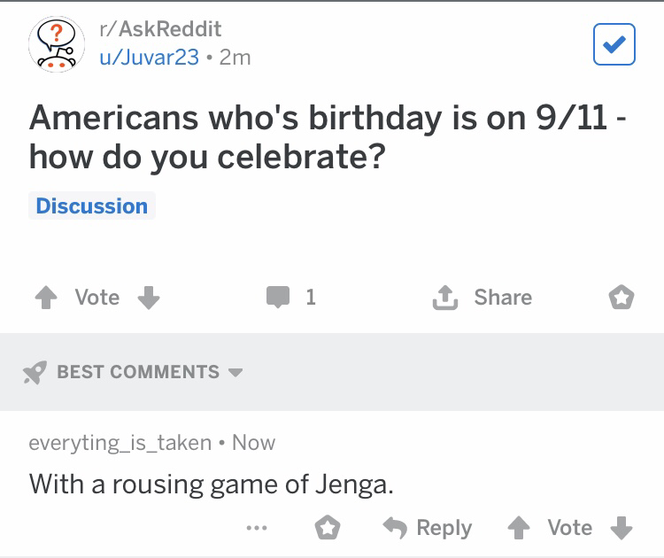 a screenshot of a twitter post with a questionnaire about the american who ' s birthday is on 911