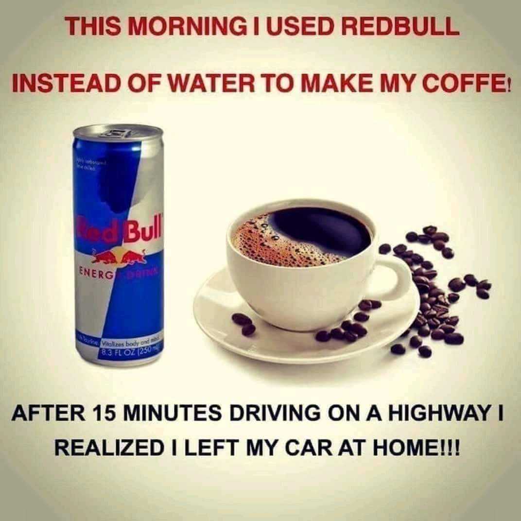 there is a poster with a cup of coffee and a can of red bull