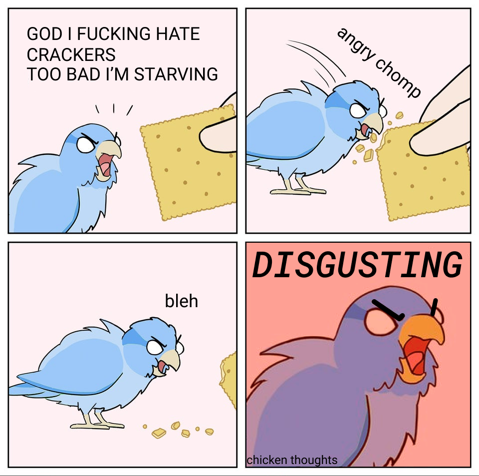 a cartoon of a bird eating crackers and a bird eating crackers