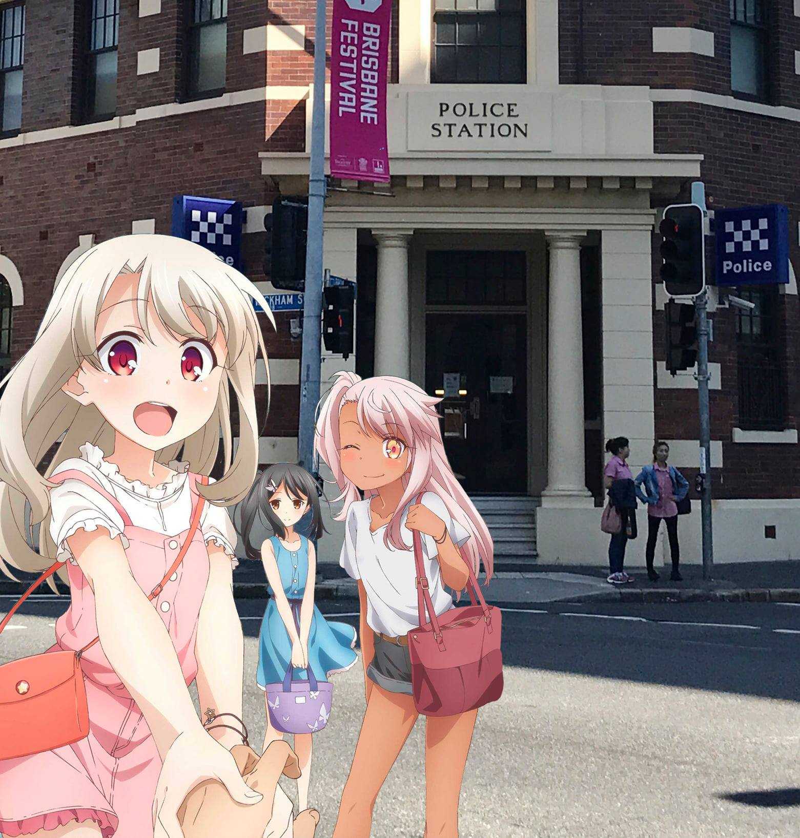 anime characters are walking down the street in front of a building