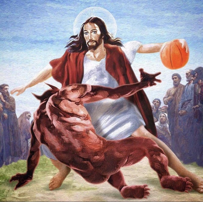 painting of jesus playing with a dog in front of a crowd