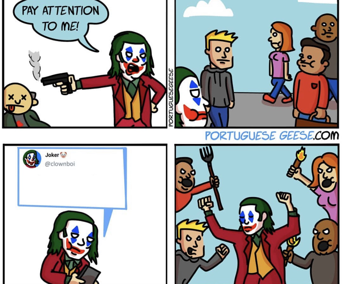 a cartoon of a comic strip with a joker holding a gun