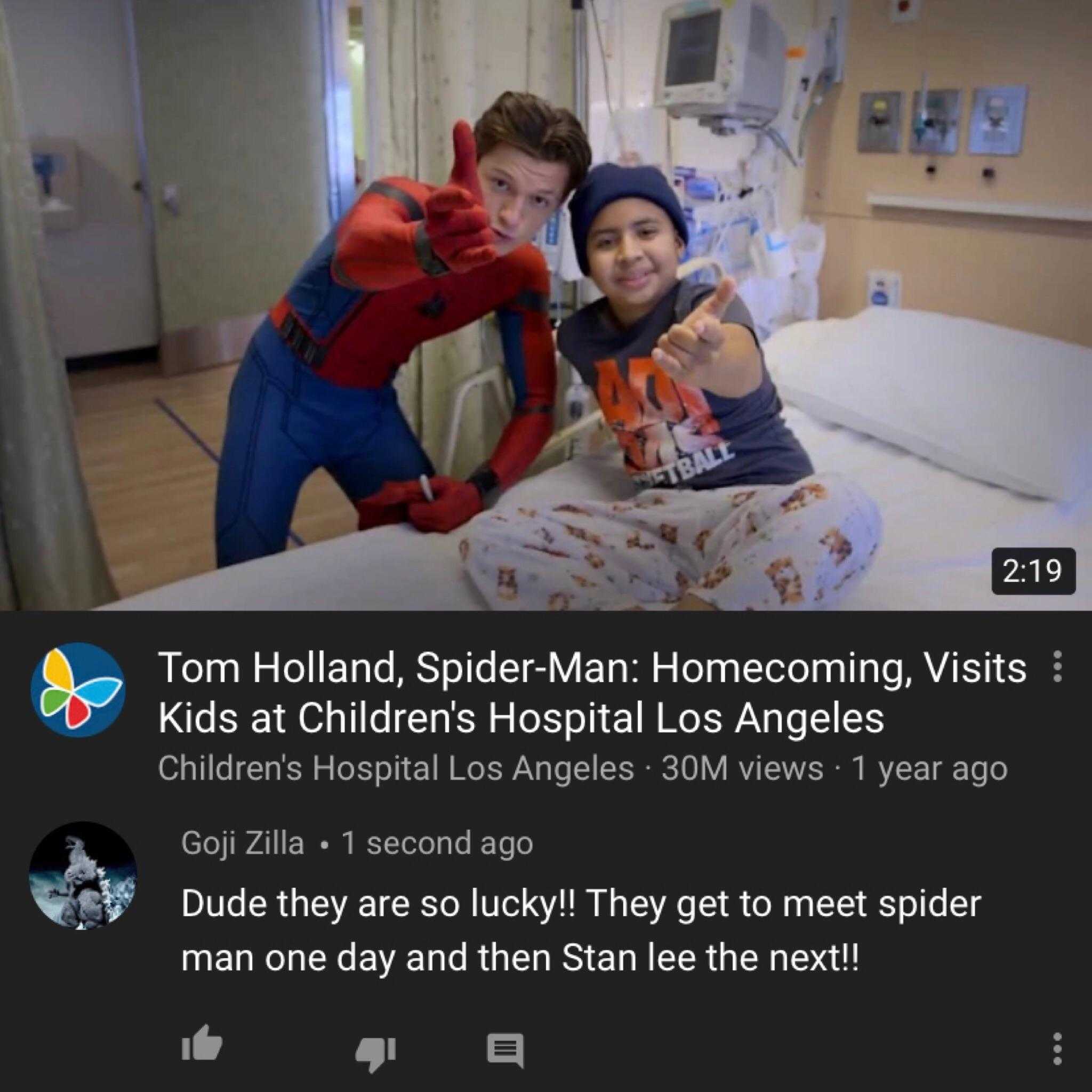 spider - man and child in hospital room with text that reads tom holland, spider - man homecoming visits children