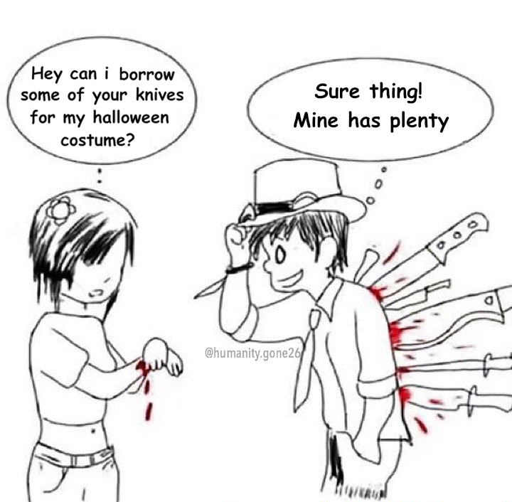 a cartoon drawing of two people with a knife and a knife in their hand