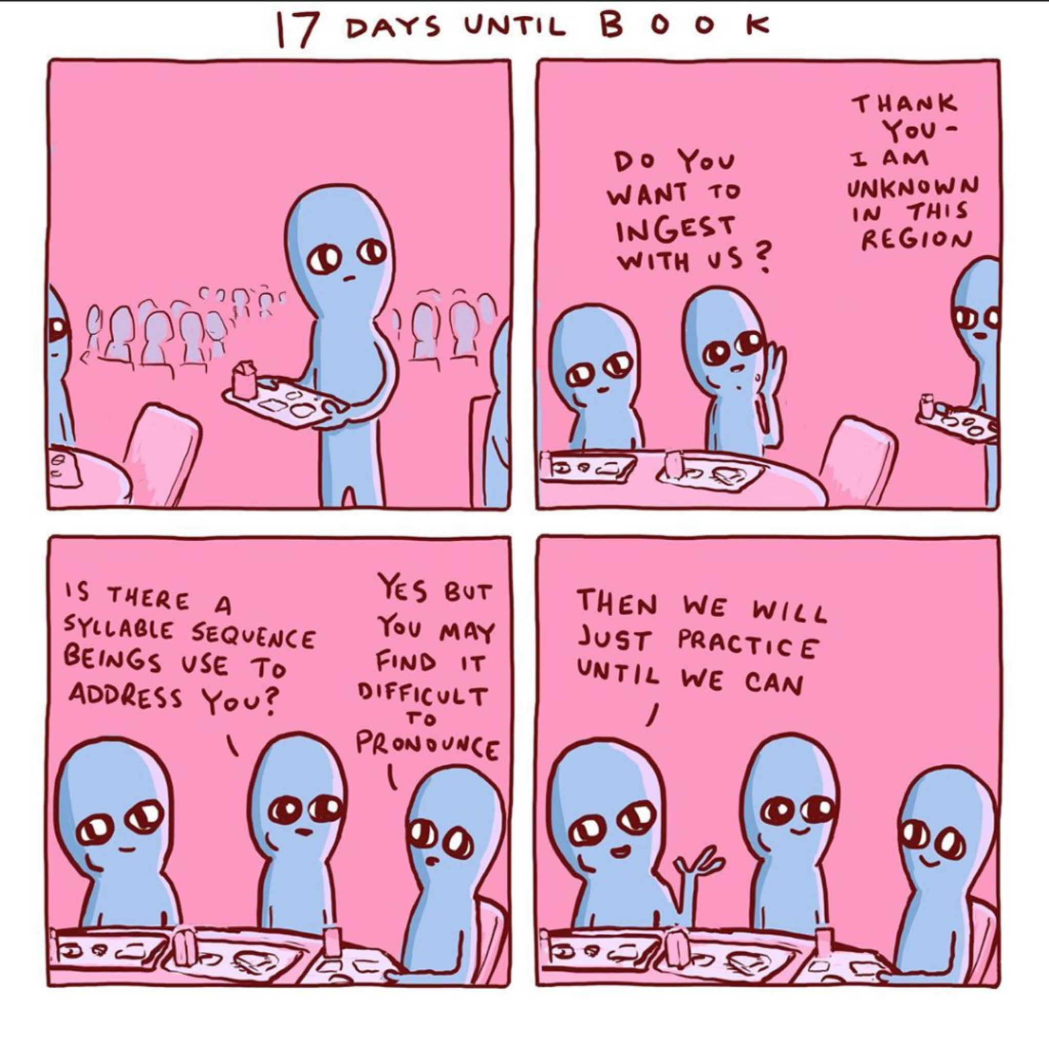 cartoon of aliens eating pizza at a table with a pink background