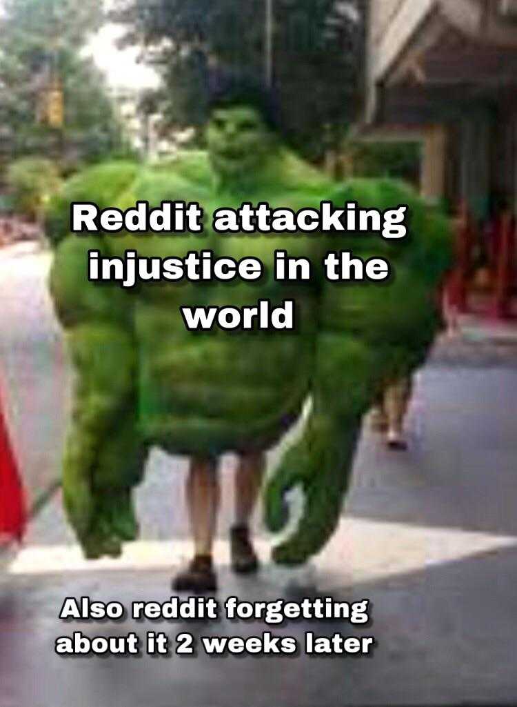 hulk man walking down the street with a caption that reads reddit attacking injustice in the world