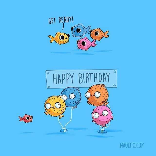 happy birthday card with a bunch of fish and a sign