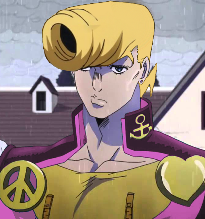 anime character with blonde hair and a purple outfit in front of a house