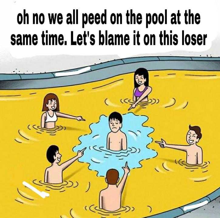 cartoon of a group of people in a pool with a man in the middle of the pool