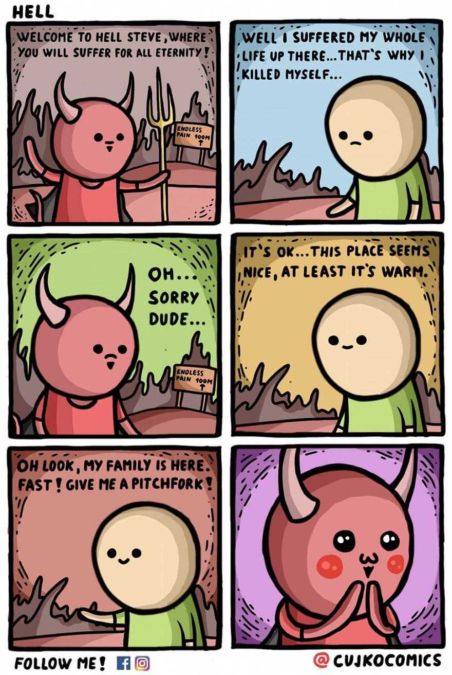 a comic strip with a cartoon of a devil and a demon