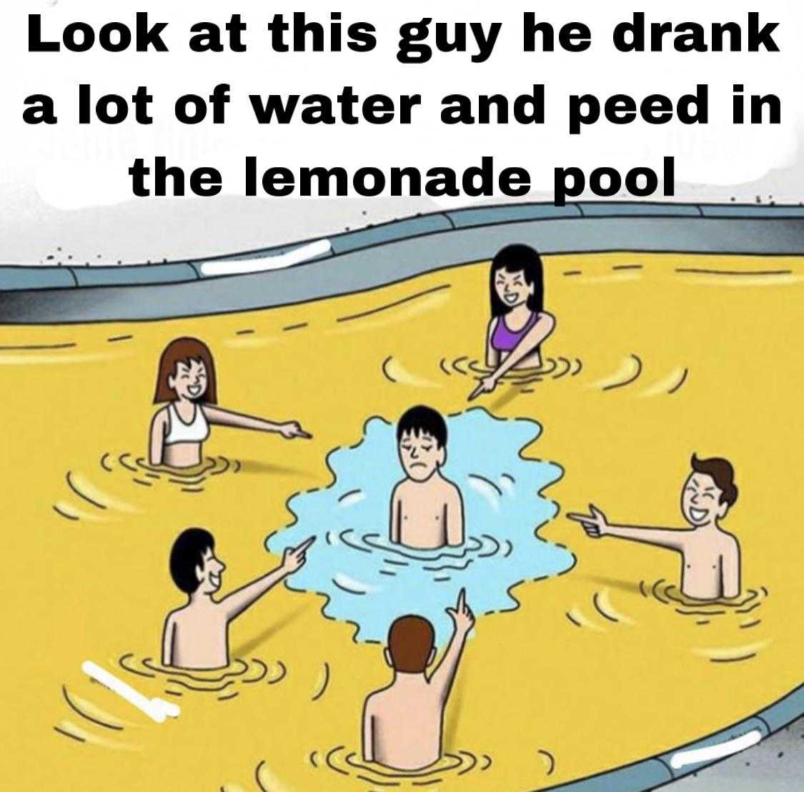 a cartoon of a group of people in a pool with a man in the middle of the pool