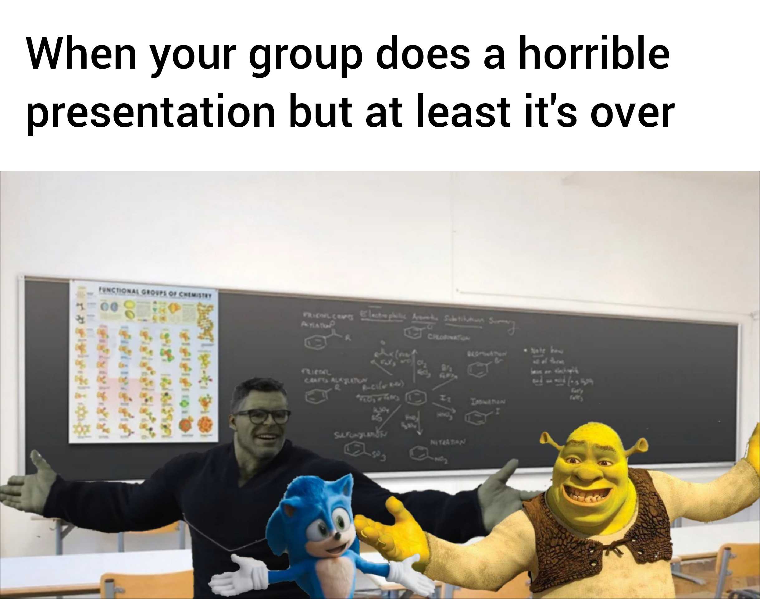 there is a man standing next to two stuffed animals in a classroom