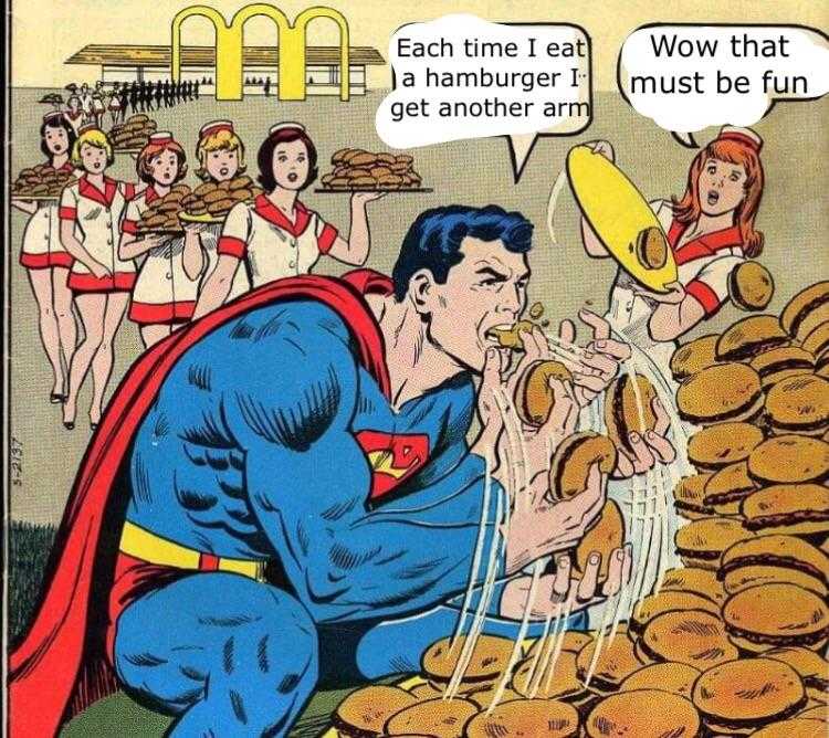 a close up of a comic book cover with a superman eating a hamburger