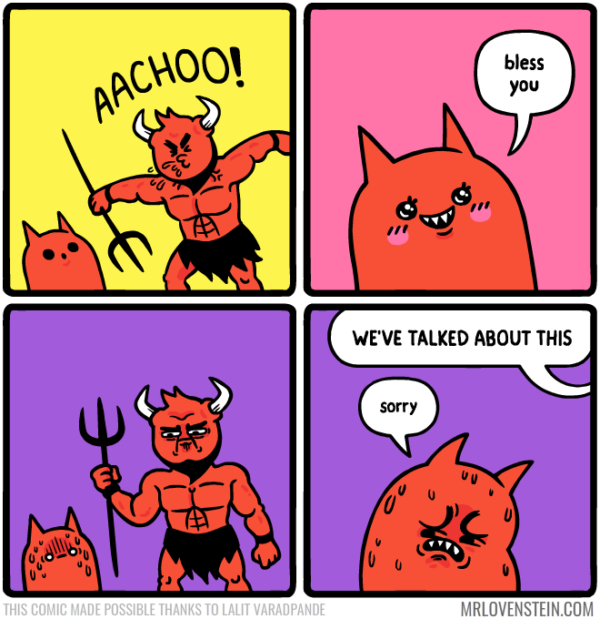 cartoon of a comic strip with a cat and a devil