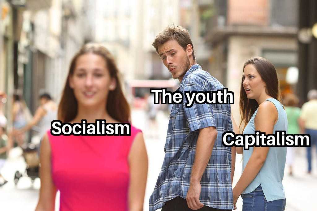 there are two people standing in a street with a caption that reads the youth capitalism capitalism