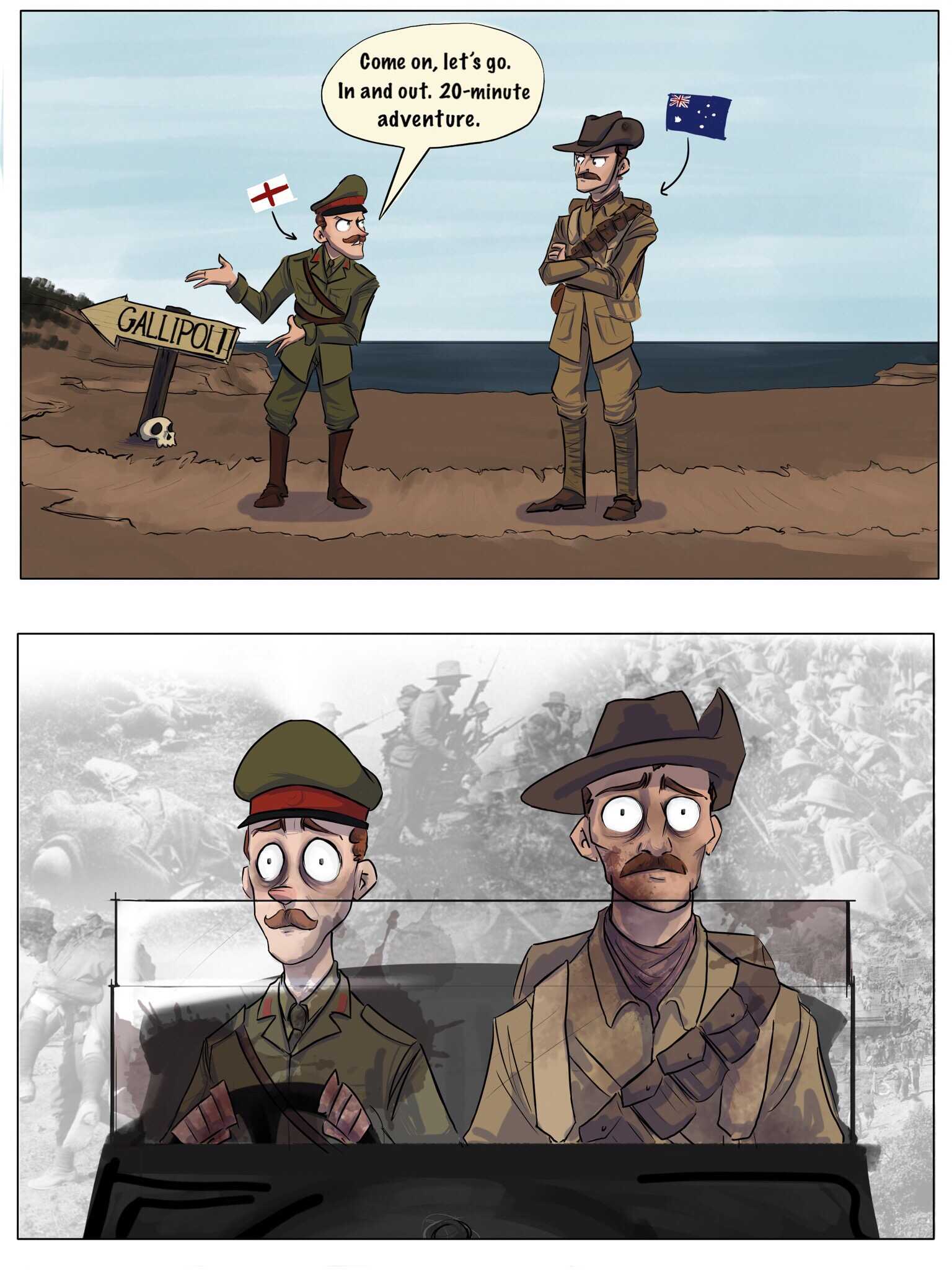 cartoon of a man in uniform and a man in uniform with a flag