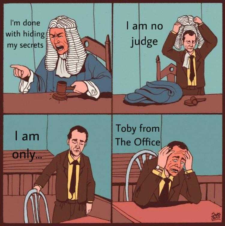 cartoon of judge sitting at desk with his hands on his head