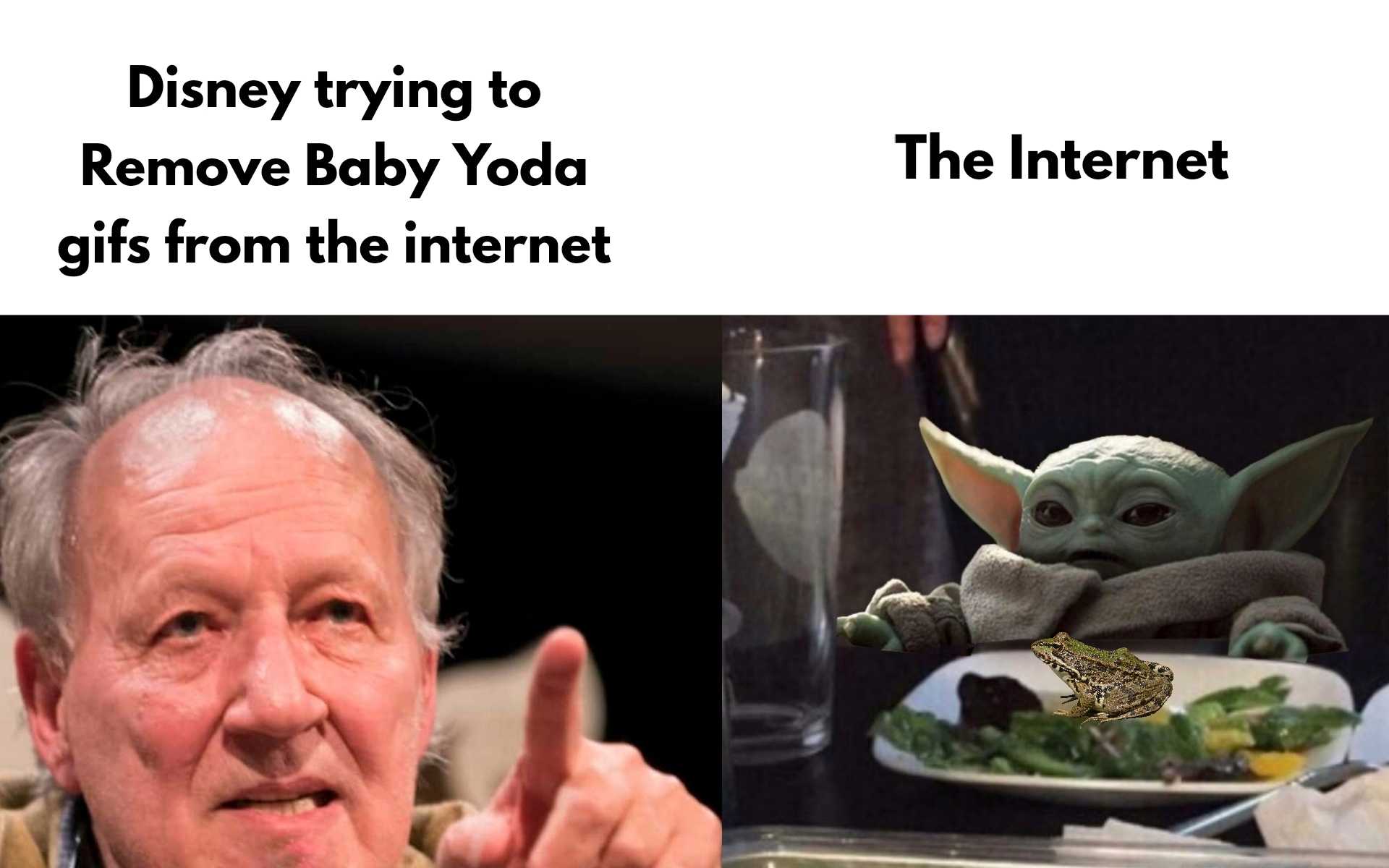 there is a man that is pointing at a baby yoda