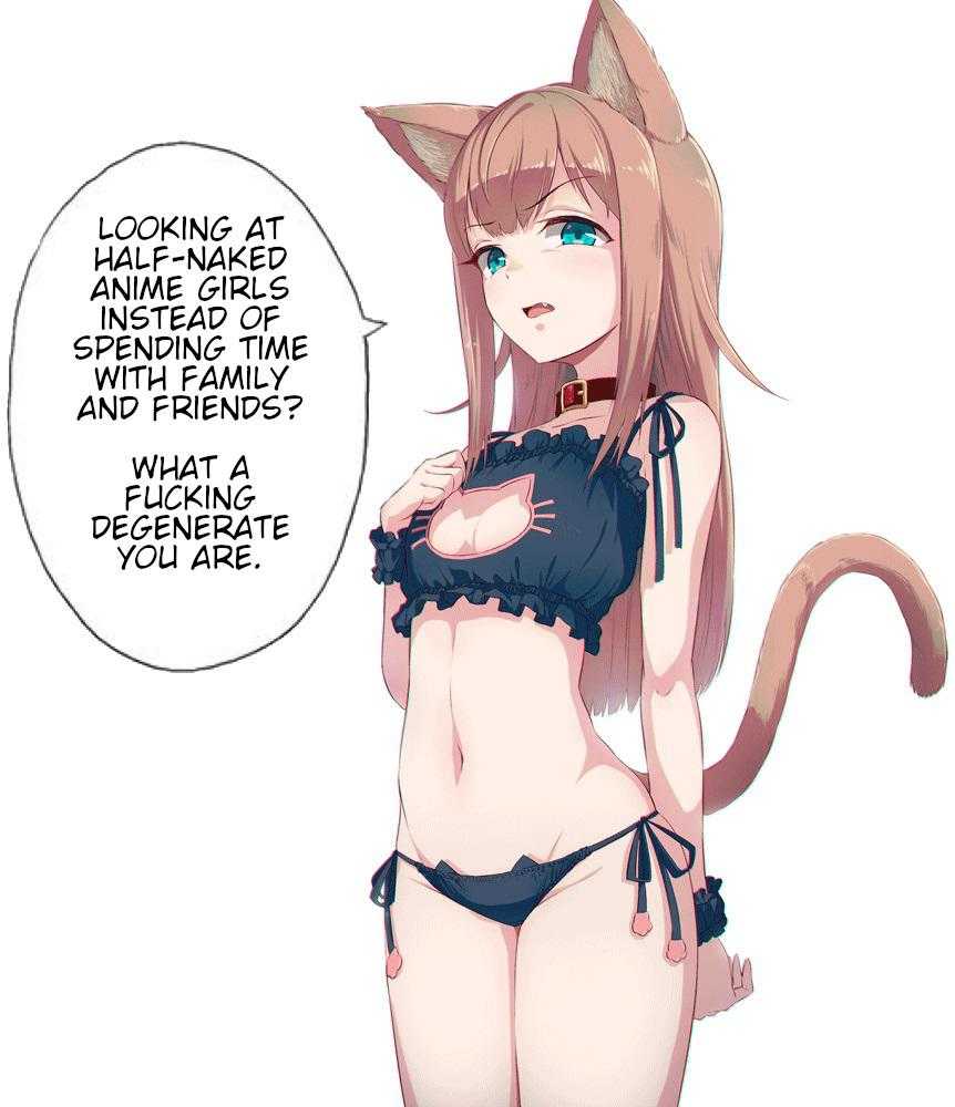 anime girl in a bikini with a cat tail and a speech bubble