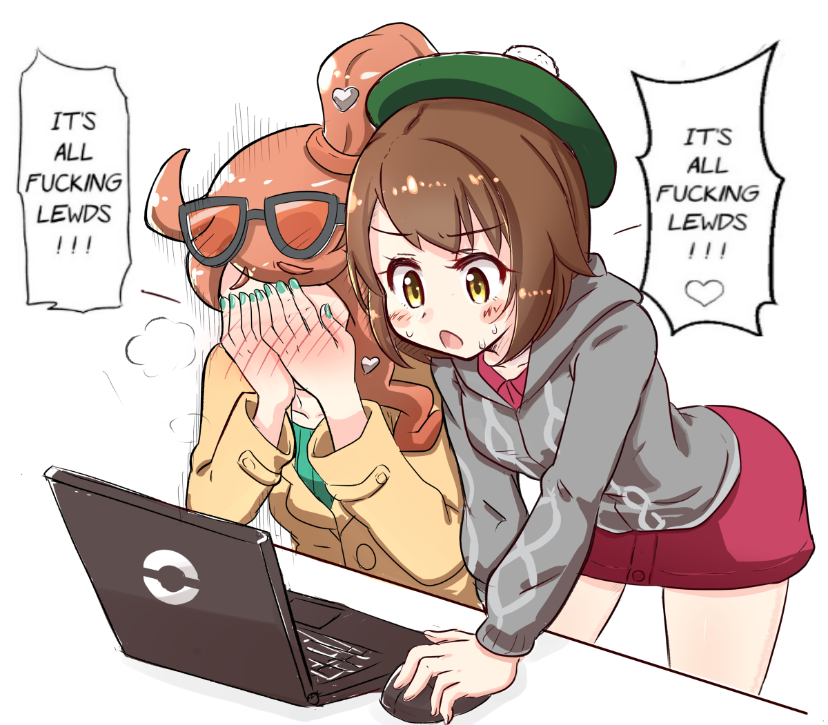 anime girl with glasses and a hat looking at a laptop