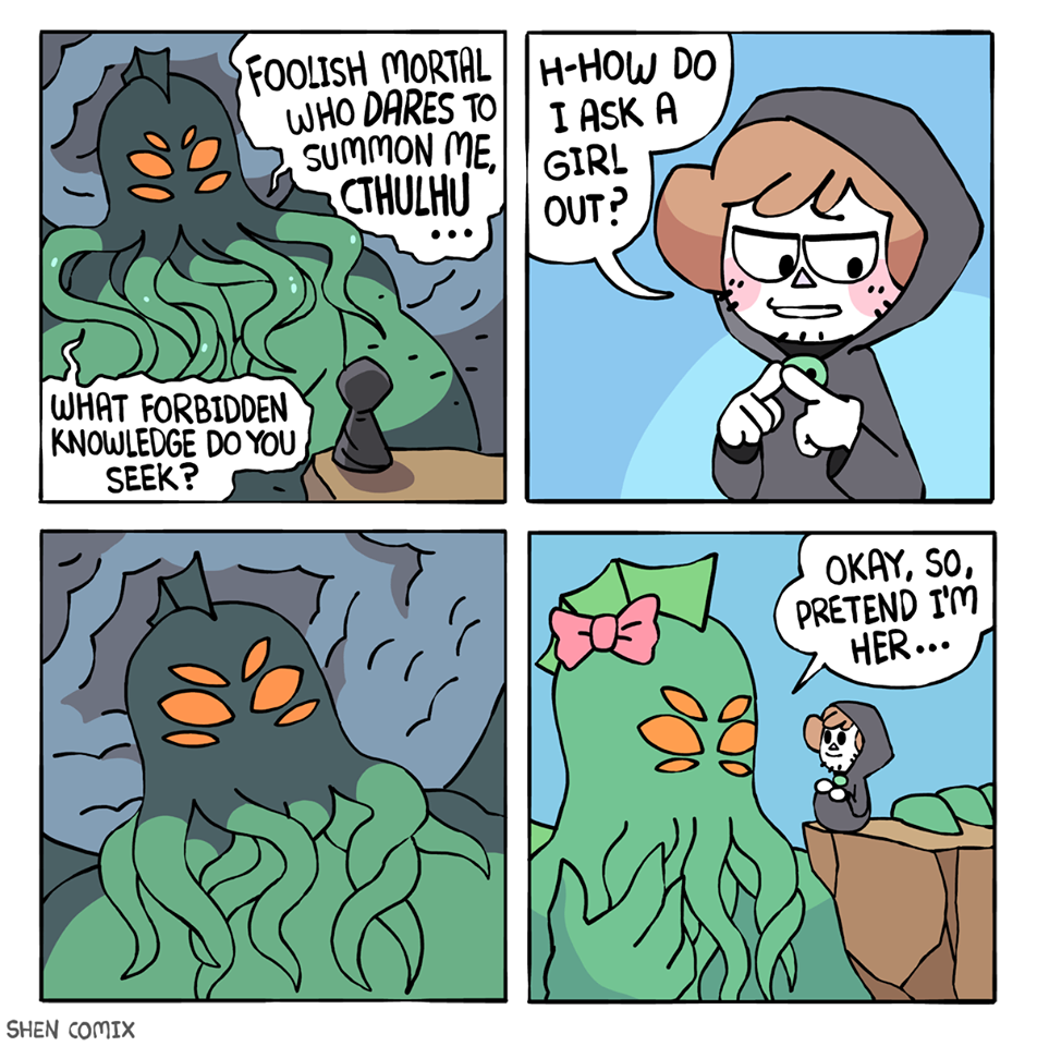 a cartoon comic strip with a woman and a monster in a cave