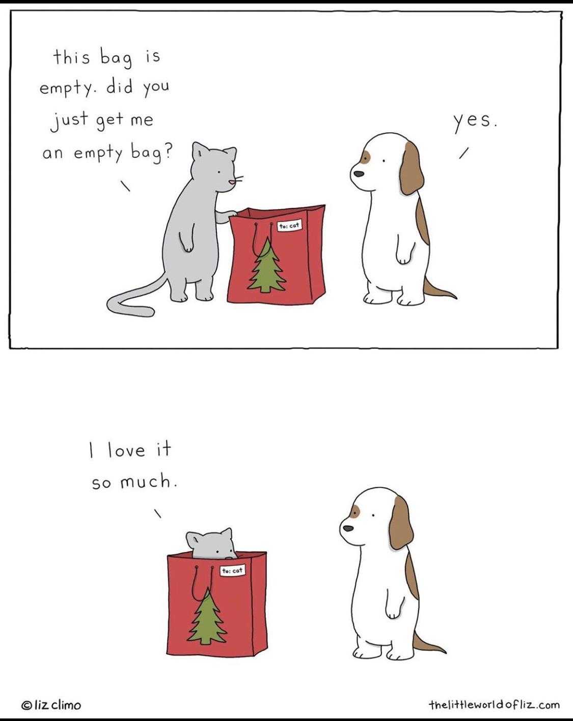 a cartoon of a dog and cat are looking at a christmas tree