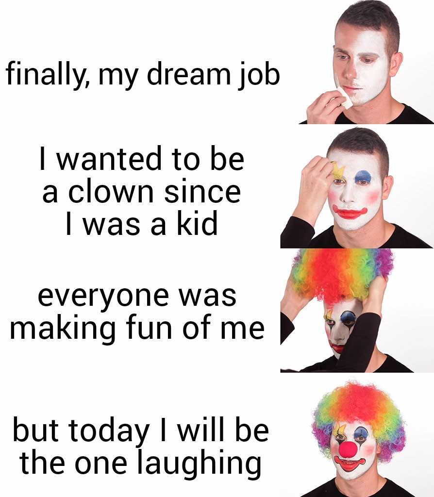 clown with different facial expressions and a funny joke