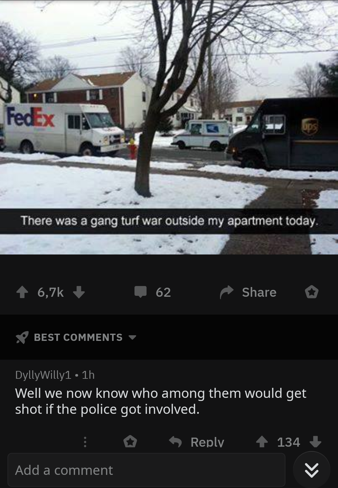 a screenshot of a truck parked on a snowy street with a tree in the foreground