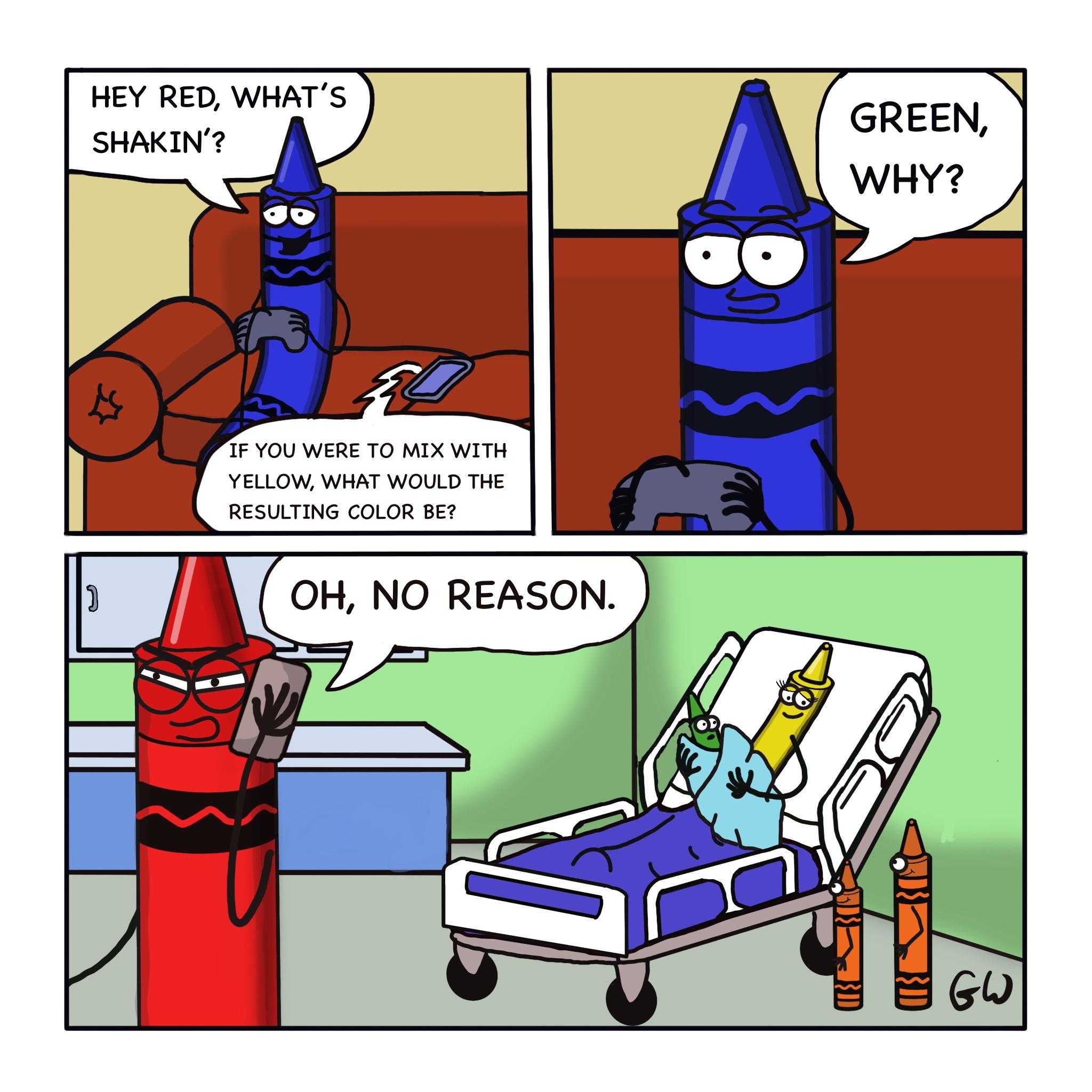 cartoon of a cartoon of a crayon in a hospital bed