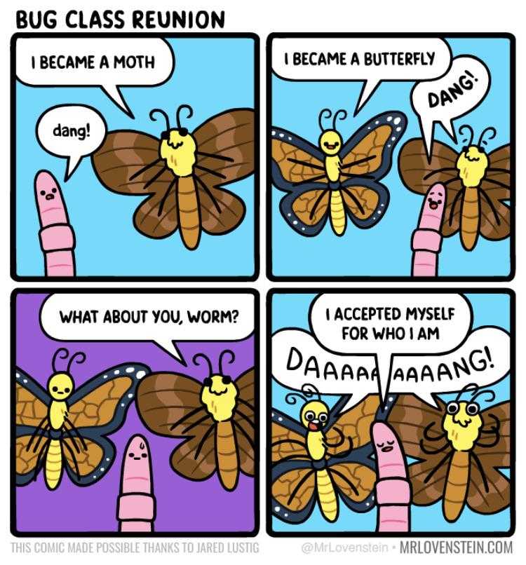 a cartoon of a butterfly with a speech bubble saying bug class reunion