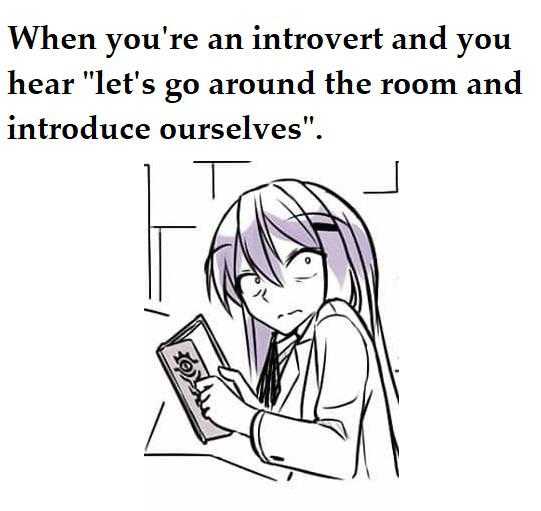 a cartoon drawing of a girl reading a book with a caption of the text when you ' re an intro and you hear ' t ' s go around the room and introduce ourselves