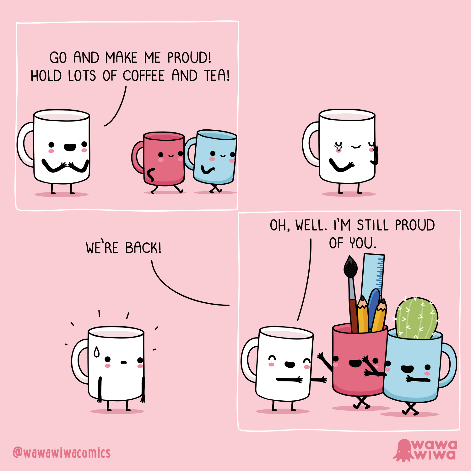 cartoon of coffee and tea mugs with faces and a cactus