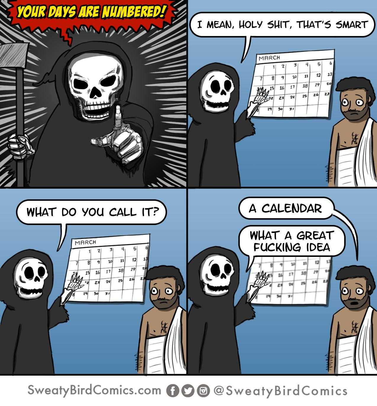 a cartoon of a calendar with a skeleton holding a gun