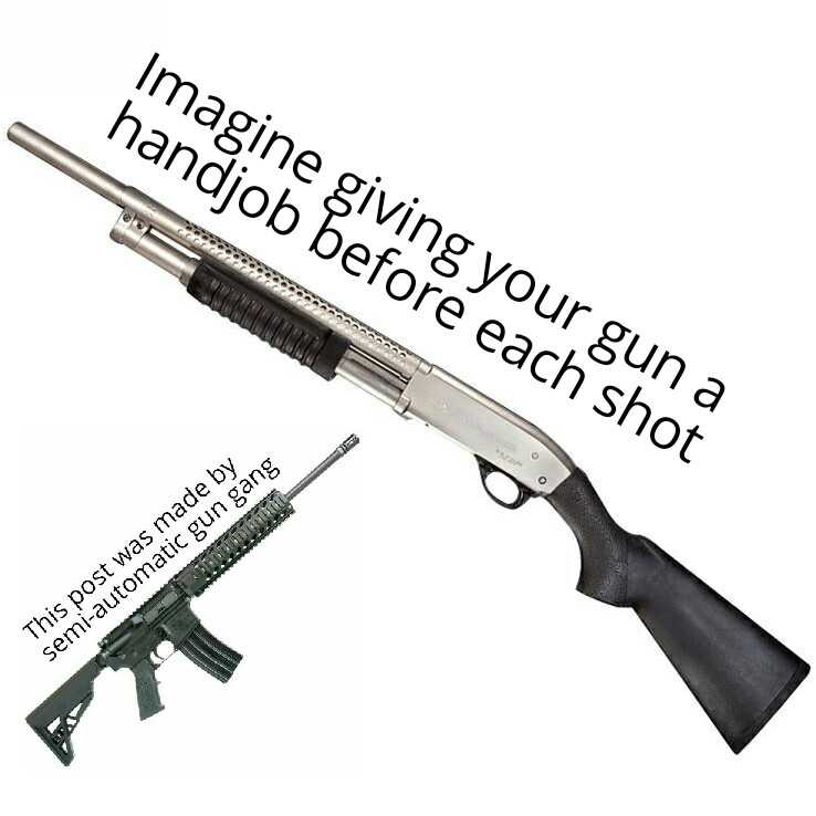 a close up of a gun and a rifle with a caption