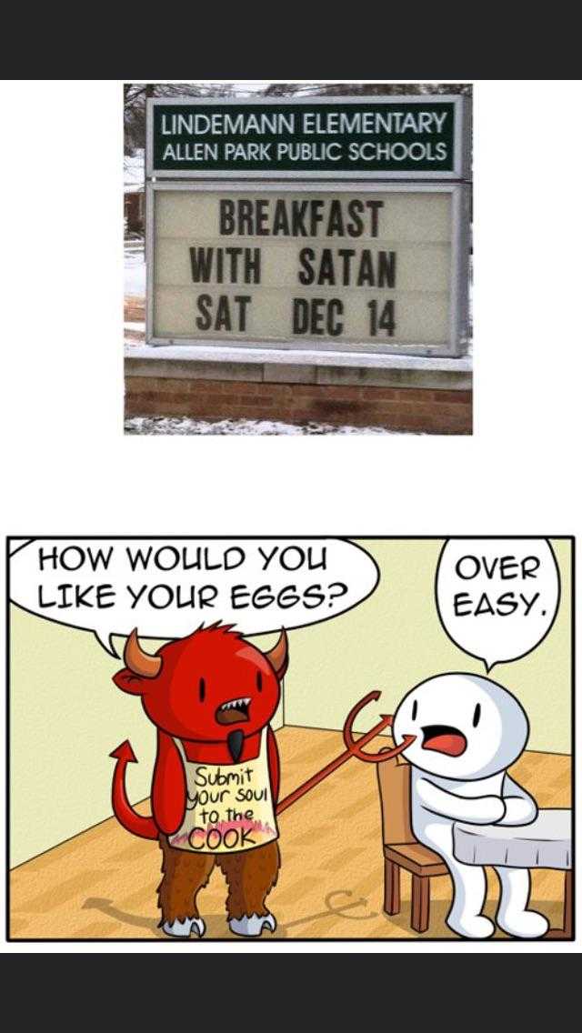 a cartoon of a sign that says breakfast with satan and a cartoon of a devil