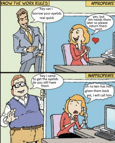 cartoon of a woman talking to a man about her computer